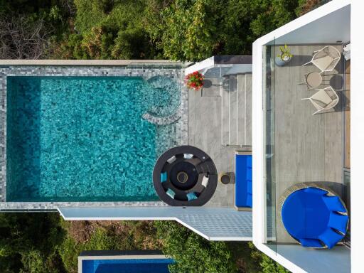 Aerial view of modern outdoor pool area