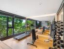 Well-equipped home gym with large windows and equipment