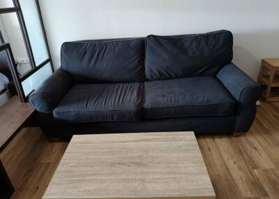 Living room with dark sofa and wooden coffee table