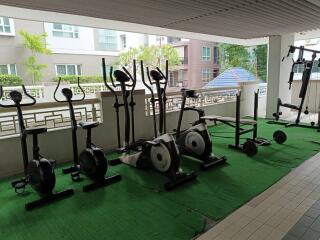 Covered outdoor gym with various exercise equipment
