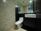 Modern bathroom with marble walls and flooring, featuring a toilet and a sink with a mirror