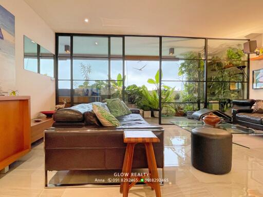 Spacious living room with large windows and indoor plants