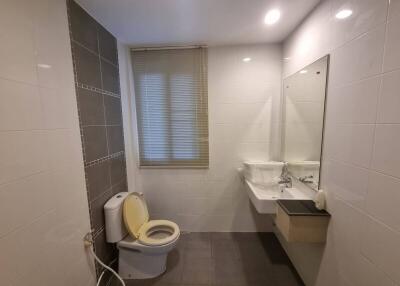 Modern bathroom with toilet, sink, and large mirror.