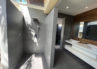 Modern bathroom with dual sinks and glass-enclosed shower