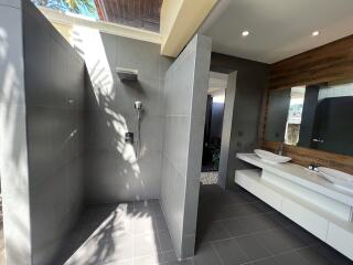 Modern bathroom with dual sinks and glass-enclosed shower