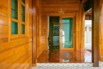 Building entrance with wooden walls