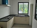 Modern kitchen with window, sink, and gas stove