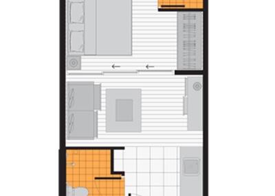 Apartment floor plan layout showing main living spaces, bathroom, and kitchen