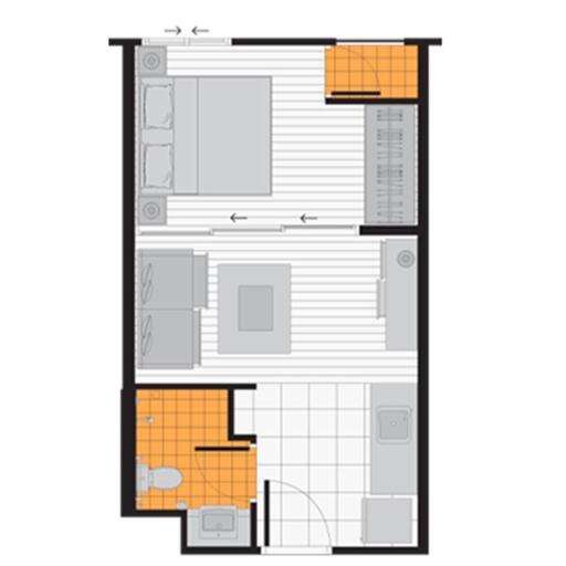 Apartment floor plan layout showing main living spaces, bathroom, and kitchen