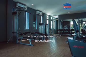 Private gym with modern exercise equipment and wooden flooring
