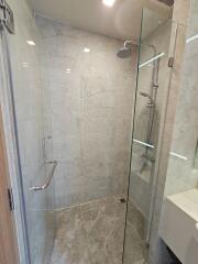 Modern walk-in shower with glass doors and wall-mounted showerhead