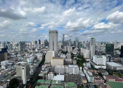 Aerial view of a city skyline with tall buildings and a cloudy sky