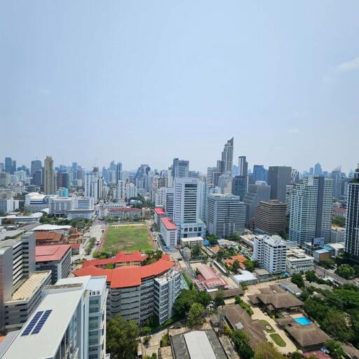 High-rise cityscape view from a balcony