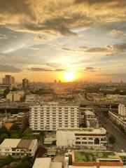 City skyline at sunset