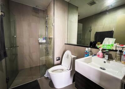 Modern bathroom with glass-enclosed shower, toilet, and sink