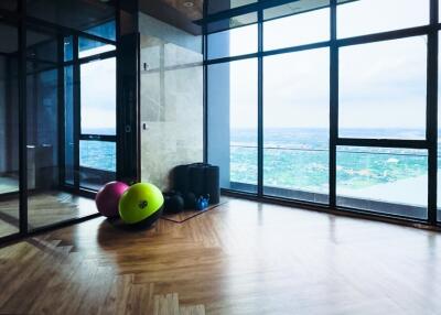 Room with large windows and exercise balls
