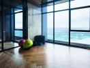 Room with large windows and exercise balls