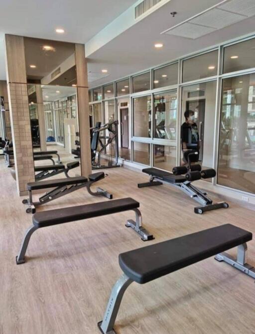 Modern gym with equipment and large mirrors