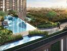 Modern condominium with swimming pool and landscaped surroundings