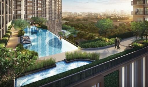 Modern condominium with swimming pool and landscaped surroundings