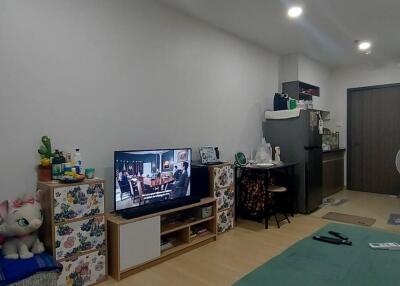 Apartment living area with TV and bed