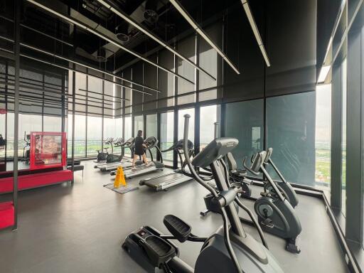 Spacious modern gym with large windows and various exercise equipment