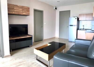 Modern living room with TV, sofa, and kitchenette