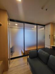 Modern living room with frosted glass partition