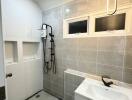 Modern bathroom with shower and vanity