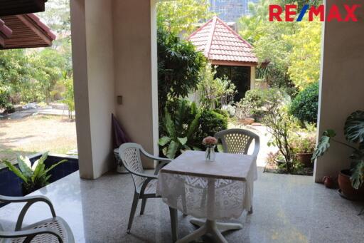 Outdoor seating area in a garden