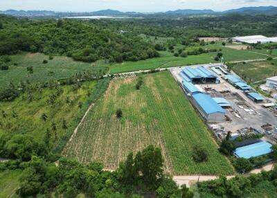 Aerial view of a large plot of agricultural land with nearby buildings