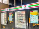 Row of vending machines in a building lobby