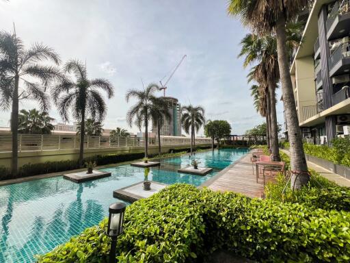 Swimming pool area with palm trees and construction crane in the background