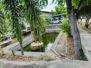 Outdoor area with pond and surrounding greenery