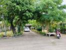 Driveway with trees, car, and motorcycle