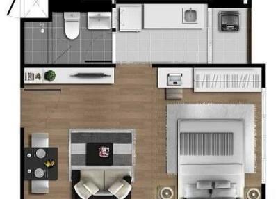 Apartment layout with living area, kitchen, bedroom, and bathroom