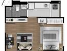 Apartment layout with living area, kitchen, bedroom, and bathroom