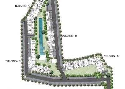 Aerial site plan showing buildings A, B, C, D, and central amenities