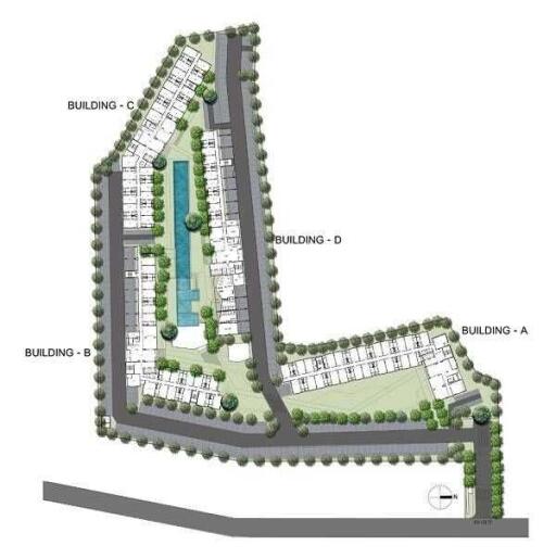 Aerial site plan showing buildings A, B, C, D, and central amenities