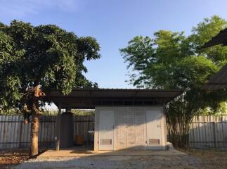 Outdoor storage shed with surrounding trees