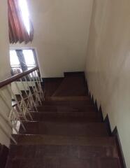 Wooden staircase with white railing