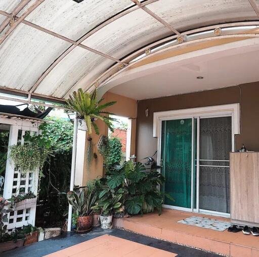 Outdoor balcony with plants and seating area