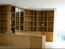 Living room with wooden built-in shelves and cabinets