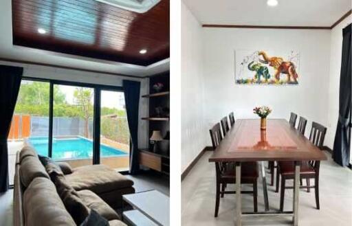 Living room with view of swimming pool and dining area