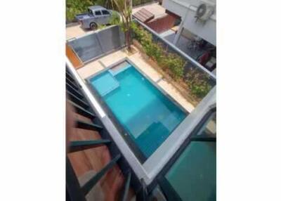 Top view of a swimming pool in a backyard