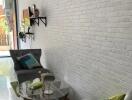 Modern living room with white brick wall