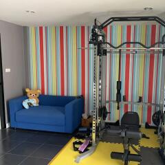 Home gym with colorful wall and exercise equipment
