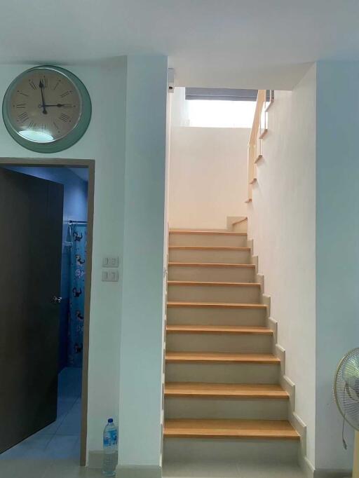 well-lit staircase with wooden steps and modern decor