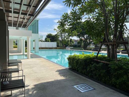 Outdoor pool area with greenery and seating