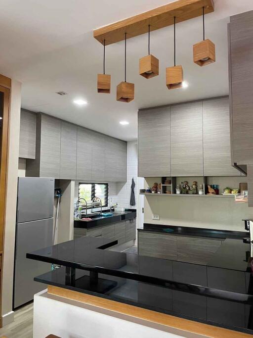 Modern kitchen with sleek cabinetry and black countertops